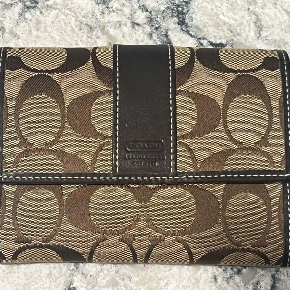 Coach Brown/Tan Signature Fold Wallet with Leather Trim